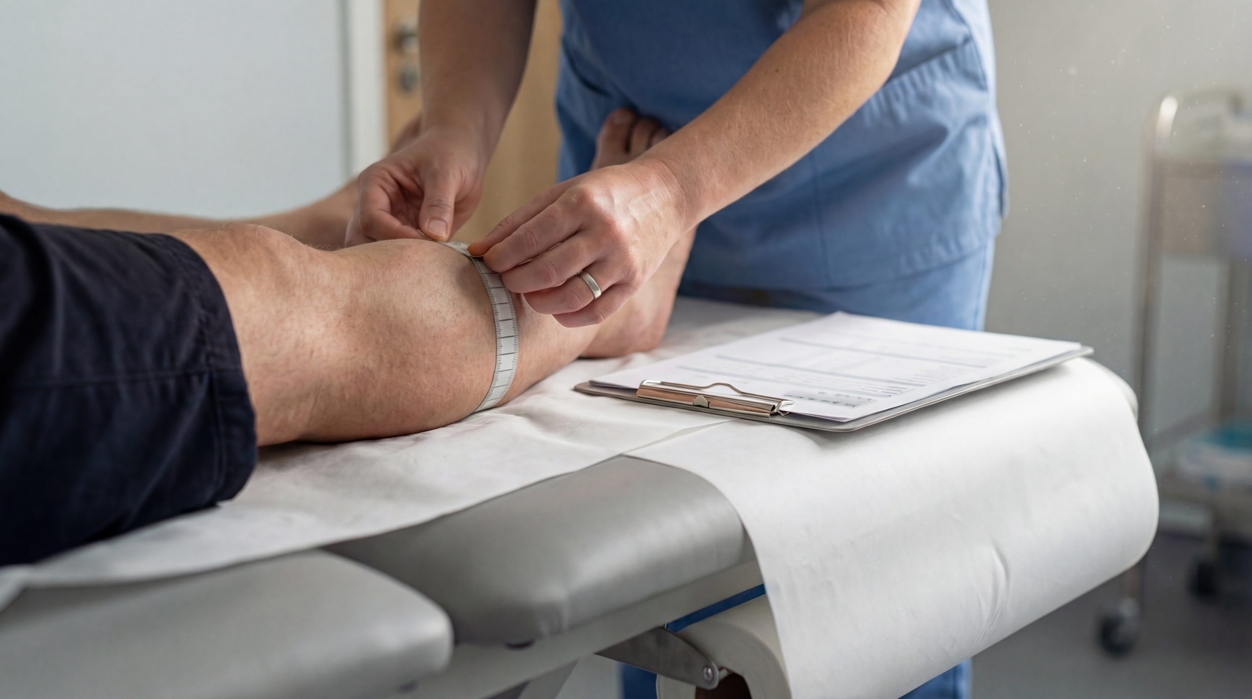 A clinician performing limb circumference measurements on a patient with lower limb lymphoedema to monitor swelling and cellulitis risk.