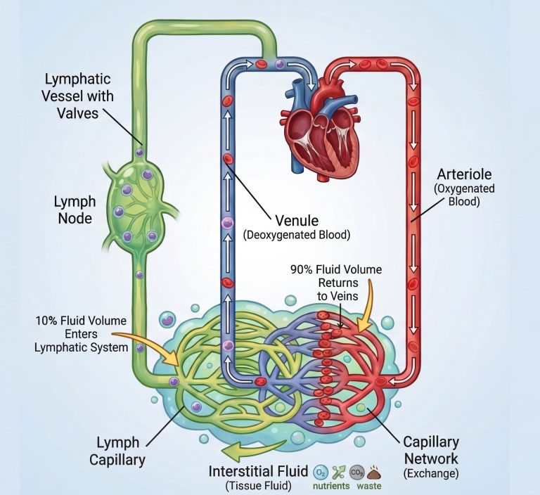An illustration showing the heart pumping oxygenated blood through the red arterial system to a capillary network in the tissue (interstitium). The diagram indicates that 90% of the fluid volume returns directly to the heart via the blue venous system. The remaining 10% of protein-rich fluid enters the green lymphatic system via lymphatic capillary. This lymph fluid then travels through a lymphatic vessel and passes through a lymph node for filtration before returning to the venous circulation. Icons represent the exchange of oxygen, nutrients, carbon dioxide, and waste products within the interstitial fluid.