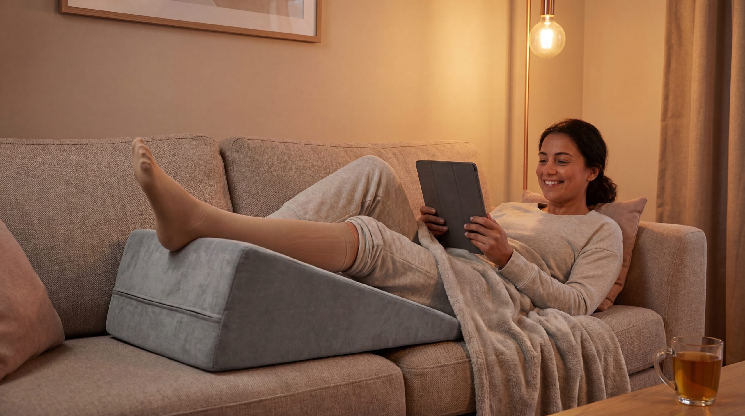 A woman relaxes on a sofa, smiling while using a tablet. Her left leg is elevated on a grey foam wedge pillow and is fitted with a beige, medical-grade compression stocking. A cup of tea sits on a wooden coffee table in a warm, domestic living room setting.