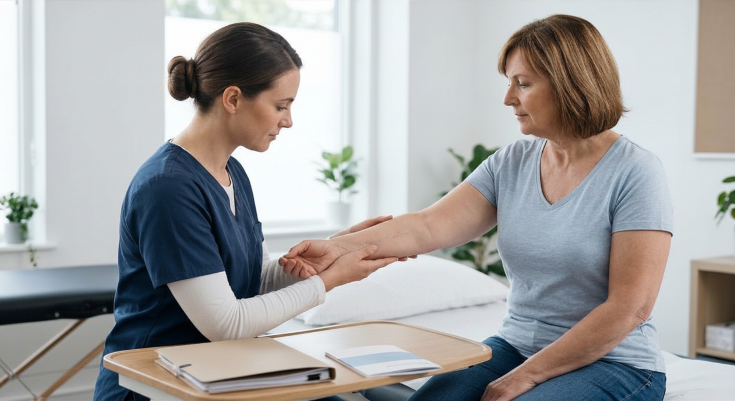 A health professional in blue scrubs performs a physical assessment on a female patient's arm during a lymphatic health consultation in a bright, modern clinical setting.