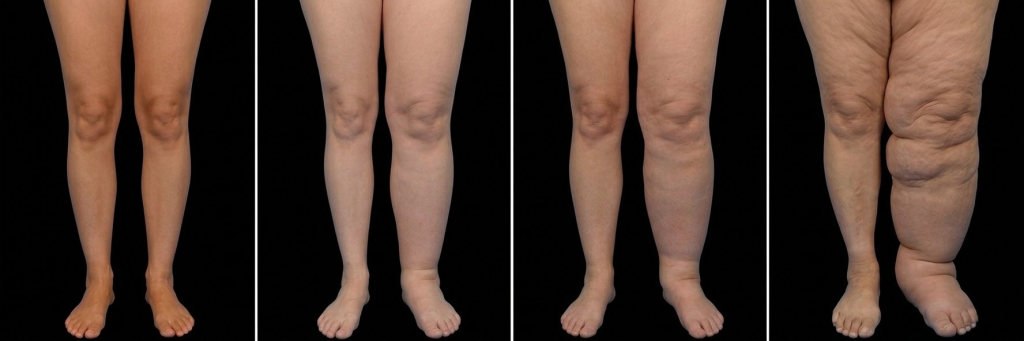 A four-panel clinical comparison showing the progression of lymphoedema in the lower limb between different stages